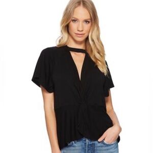 Free People Black Short Sleeve Twist-Front Tee
